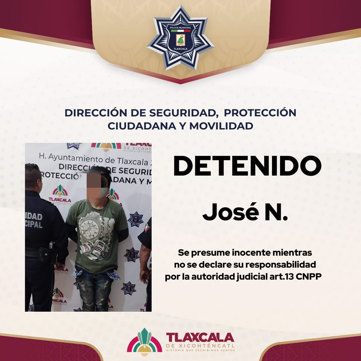 Policía Municipal de Tlaxcala asegura a presunto responsable de robo a comercio en el centro de la ciudad